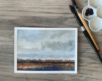 Small Landscape painting of fields and rain clouds- ORIGINAL watercolor landscape painting Abstract-  Small watercolor Painting brown