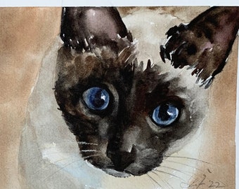 Original cat painting in watercolor  ORIGINAL Watercolor siamese cat painting- Rachelle Levingston