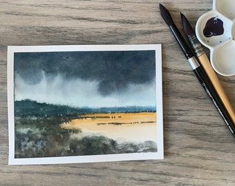 Small stormy Landscape painting of fields and rain clouds- ORIGINAL abstract watercolor landscape Painting-  Small watercolor Painting gray