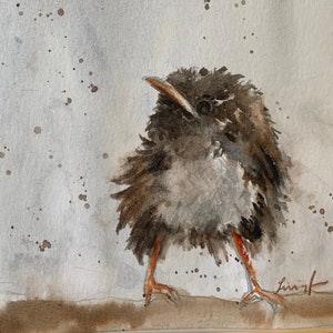 Baby bird Original watercolor painting of baby bird-ORIGINAL baby bird painting Small original painting of wren on branch 5x7 image 1