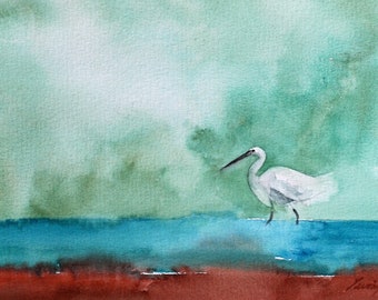 Watercolor painting of Snowy Egret Painting of Egret- Modern bird art. Loose bird painting in watercolor. Bird PRINT- Gift bird lover