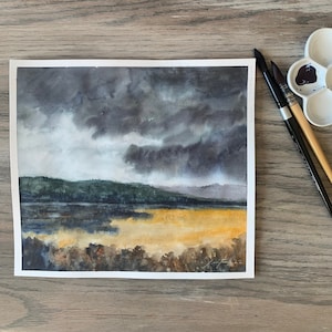 ORIGINAL watercolor landscape painting of rain storm -Original Painting of fields- Watercolor countryside painting- Loose yellow