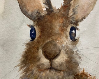 Pintura original de acuarela de conejito: Arte de conejo marrón 7 x 10