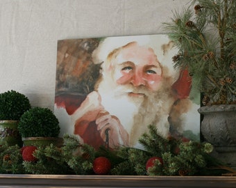Large Santa painting on Canvas- Large Watercolor Santa painting gallery wrapped- Oversized Watercolor Painting of Santa Claus red green