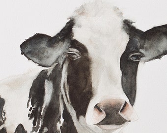 Farmhouse decor. Large COW Print. Watercolor cow painting. Boy nursery room decor. Black and white Cow art PRINT of original painting