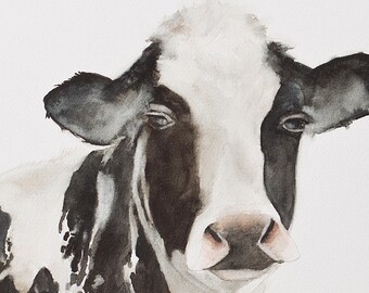 Cowboy wall art- Cowboy room decoration- Brown Cow PRINT of watercolor painting- Black and white cow painting- Jersey Holstein cow art print