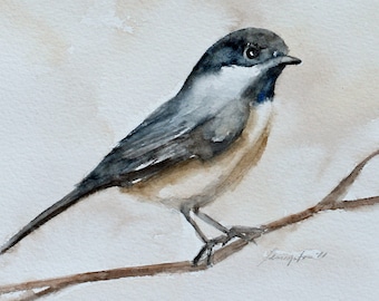 Minimalist bird painting-Chickadee Bird Perching PRINT- Painting of Bird sitting on branch