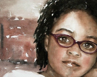 Watercolor Portrait Art Print: African American Girl with Glasses