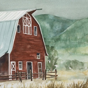 rustic decor home decor watercolor red barn painting Landscape painting of barn painting Barn art PRINT Barn print Rustic ranch farm image 1