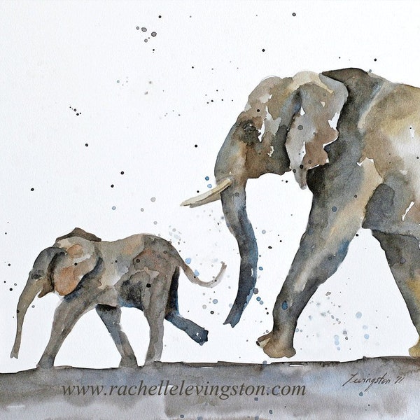 Nursery elephant print art- Mother and baby elephant painting in Watercolor- African wall hanging- Nursery painting baby elephant with mom