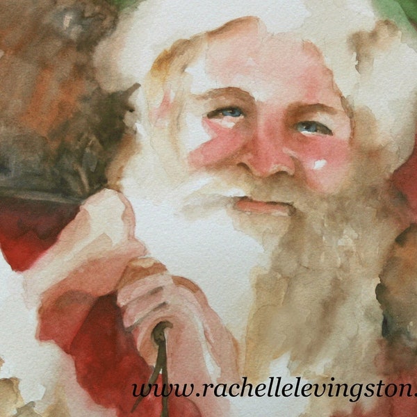 Christmas Art PRINT of SANTA in Watercolor-Santa painting SALE-Christmas art print Set with reindeer