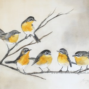 Painting of 6 birds on branch. Mom gift 6 Bird PRINT in Watercolor. Yellow Bird painting. Watercolor Bird Painting