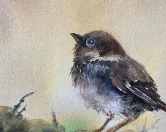 Original watercolor painting of a sparrow-ORIGINAL bird Painting in watercolor- Small original painting of Sparrow on a branch 8x10