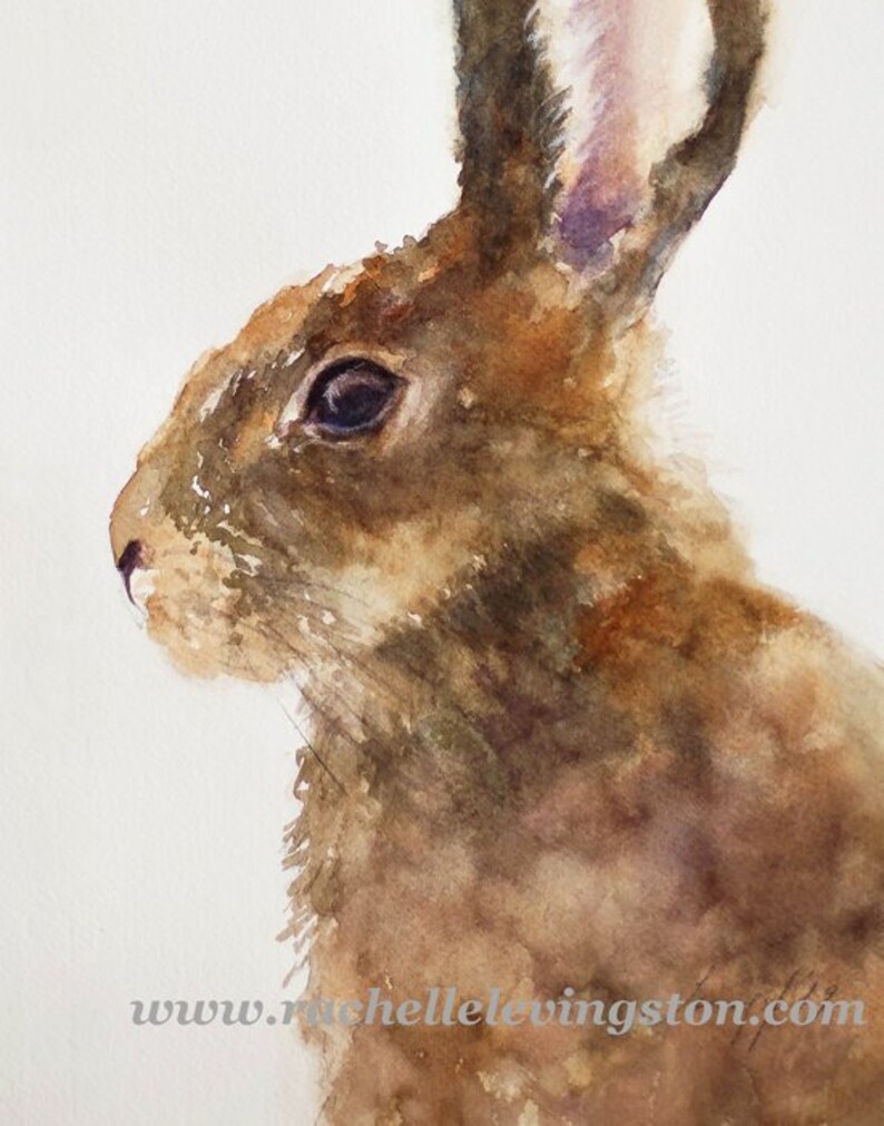 May include: Watercolor painting of a brown rabbit with a white background. The rabbit's fur is painted with a variety of brown shades, and its eyes are black. The rabbit's ears are long and pointed, and its nose is small and pink.