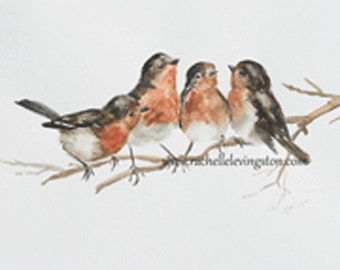 Watercolor Bird PRINT- Four birds on Branch Bird Painting- Robin Print