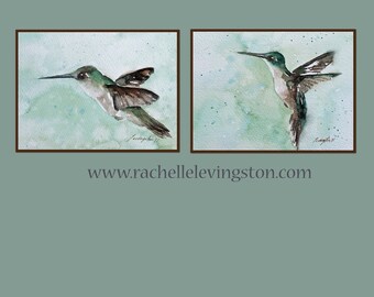Hummingbird Watercolor Paintings: Set of 2 Art PRINTS (5x7)