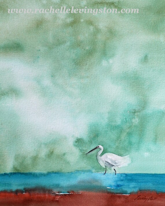 Watercolor painting of Snowy Egret Painting of Egret- Modern bird art. Loose bird painting in watercolor. Bird PRINT- Gift bird lover