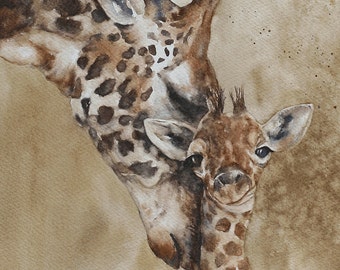 Mother and baby Giraffe painting- for her- Watercolor nursery art PRINT- Nursery painting of baby giraffe -Art Print- painting lion elephant