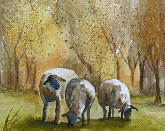 Fall Sheep painting in Watercolor. Fall painting of sheep. Fall farm home decor