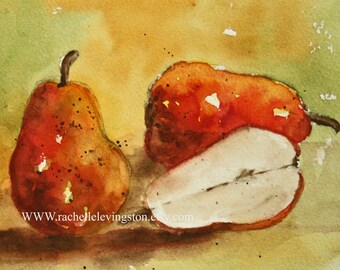 Art for Kitchen food art pear painting Kitchen wall art-  Red Fruit PRINT from watercolor pear painting yellow green