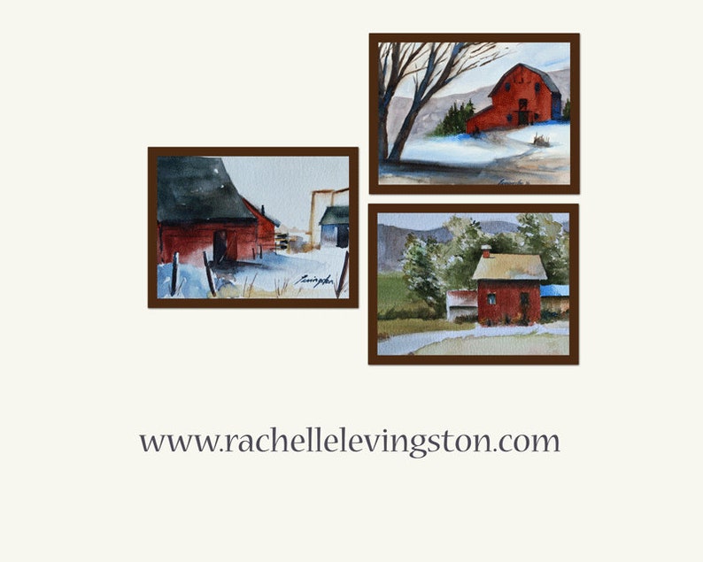 SET of THREE Barns PRINTS. Prints of barn. Cabin wall art. Watercolor painting of red barn. Rural Art Prints. County. Gift under 30. Snowy image 2