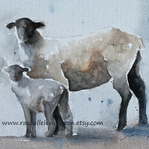 May include: Watercolor painting of a mother sheep and her lamb. The sheep are standing side by side, with the mother sheep slightly larger than the lamb. The painting is done in shades of gray and brown, with a light blue background.