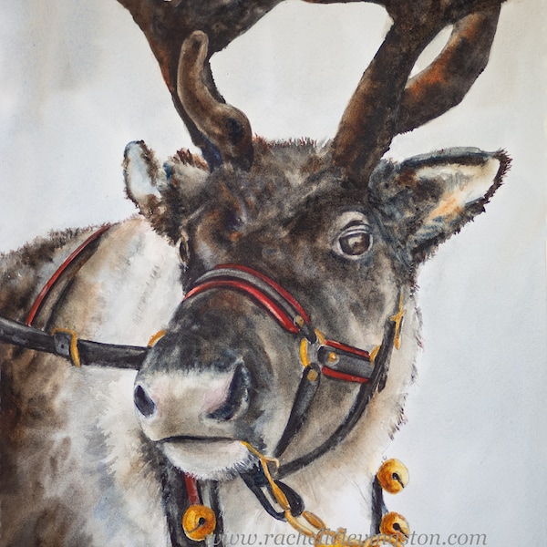 Christmas Painting of Reindeer PAINTING- Christmas WATERCOLOR Reindeer print SANTA Print