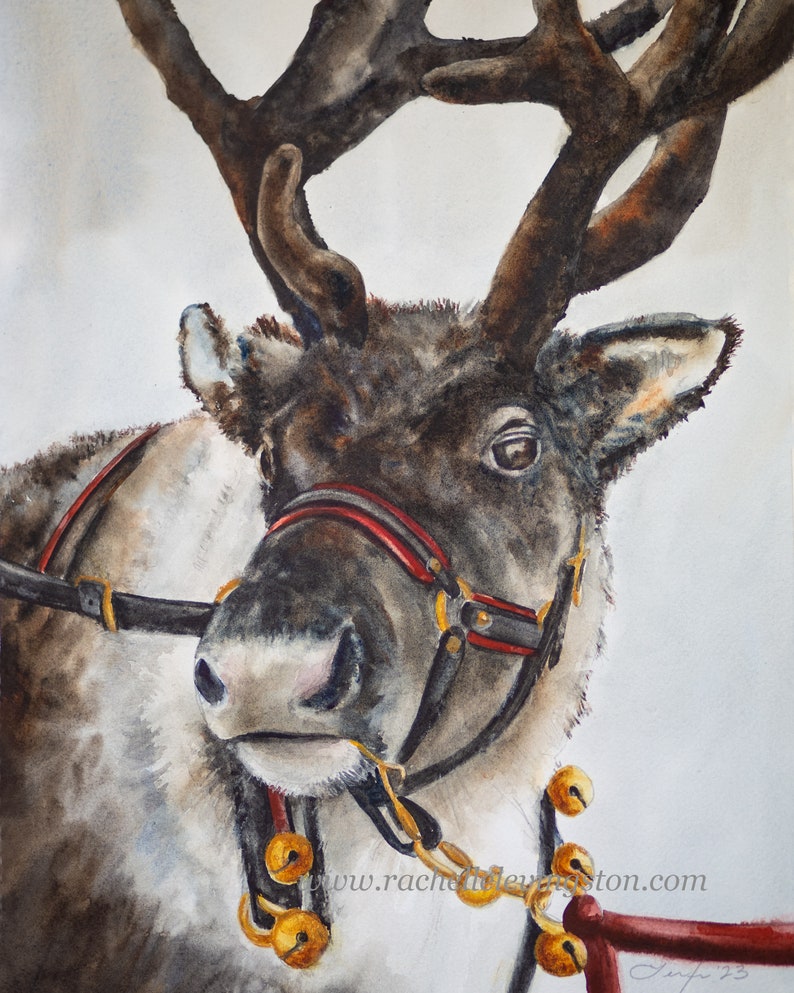 Christmas Watercolor Painting of Reindeer Art Print watercolor Print of reindeer PRINT of Santa's Reindeer image 1