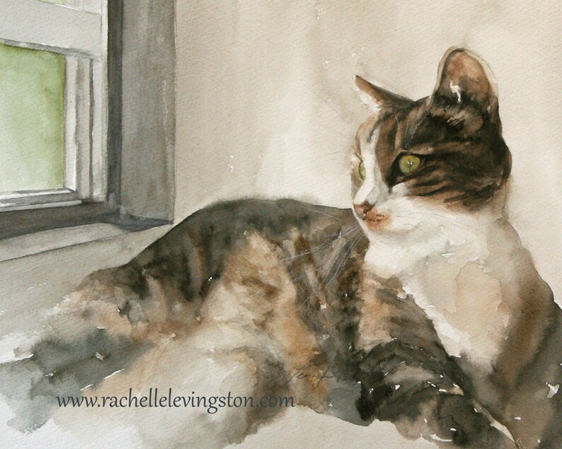 May include: Watercolour painting of a tabby cat with green eyes, lying down and looking to the right. The cat is mostly white with brown and black stripes. The cat is lying on a light grey surface near a window.