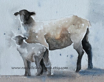 Sheep painting for mom . Mother and baby Sheep painting. Decor for Farmhouse art.  Mother and baby Sheep painting Ewe Gray Black White