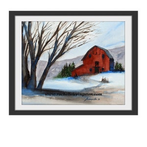 Winter watercolor landscape painting- Christmas Art PRINT- Red barn painting in watercolor- Decoration Christmas- Decor christmas wall art