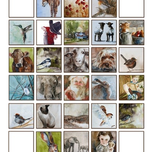 Op de afbeelding: Een collage van aquarel schilderijen met verschillende dieren, waaronder een tijger, een kolibrie, een schaap, een hond, een olifant, een vogel, een konijn en een kerstman. De schilderijen zijn in een rasterpatroon gerangschikt en zijn omlijst in bruin.