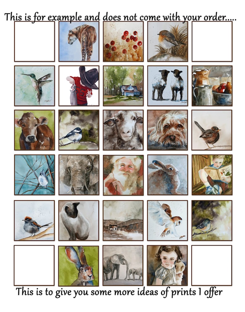 Op de afbeelding: Een collage van aquarel schilderijen met verschillende dieren, waaronder een tijger, een kolibrie, een schaap, een hond, een olifant, een vogel, een konijn en een kerstman. De schilderijen zijn in een rasterpatroon gerangschikt en zijn omlijst in bruin.