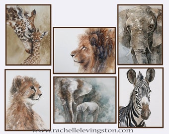 Watercolor safari animal PRINTS- Safari Nursery wall art SET- Safari nursery art print set- Giraffe Lion Elephant Zebra Cheetah