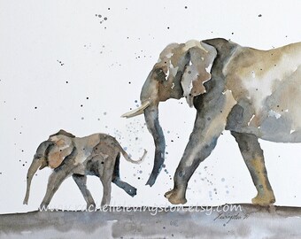 Painting of elephant and baby.  Elephant Painting in Watercolor. Elephant Nursery art print for Boy for girl.  Gift for mother 8x10 11x14
