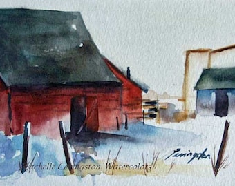 SET of THREE Barns PRINTS. Prints of barn. Cabin wall art. Watercolor painting of red barn. Rural Art Prints. County. Gift under 30. Snowy