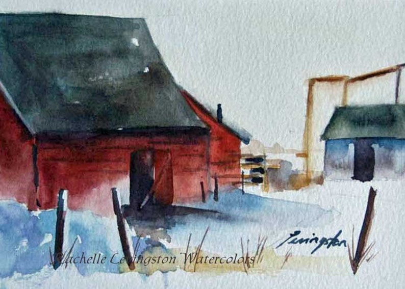 SET of THREE Barns PRINTS. Prints of barn. Cabin wall art. Watercolor painting of red barn. Rural Art Prints. County. Gift under 30. Snowy image 1