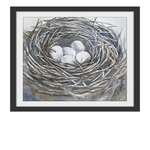 May include: A watercolor painting of a bird's nest made of twigs with five white eggs inside.