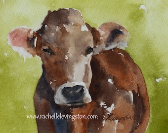 PRINT of cow-painting cow PRINT wall hanging-cow wall art-country Farm Nursery PRINT from original Brown Cow painting in watercolor