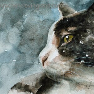 May include: Watercolour painting of a black and white cat with green eyes looking to the right. The cat is painted against a blue and grey background.