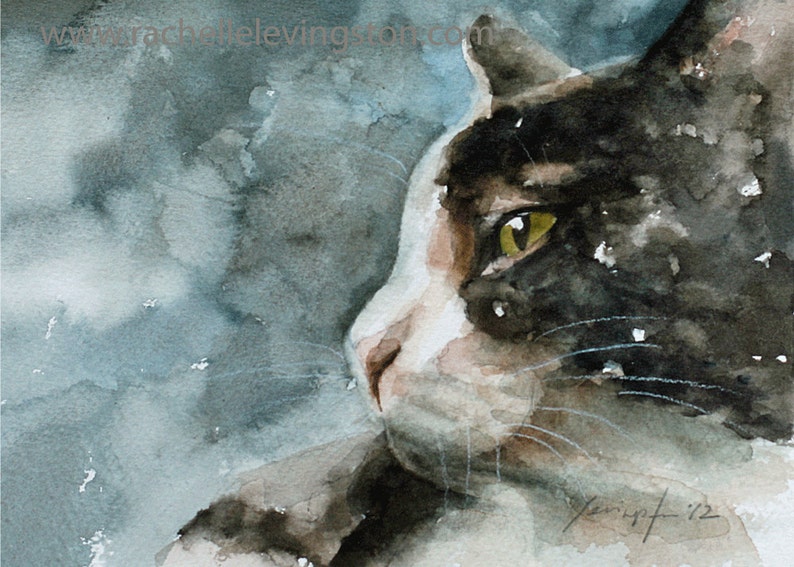 May include: Watercolour painting of a black and white cat with green eyes looking to the right. The cat is painted against a blue and grey background.