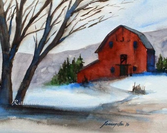 Barn painting-Landscape painting-Barn Art PRINT- Barn PRINT- Red home decor- Christmas decoration- Watercolor Painting- folk wall art red