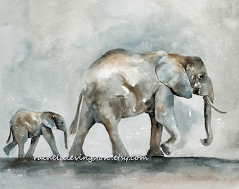 Print of Elephant Painting of mother and baby elephant walking. Baby Elephant Print  nursery art. Elephant art PRINT. African room decor