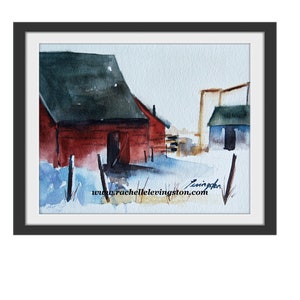 SET of THREE Barns PRINTS. Prints of barn. Cabin wall art. Watercolor painting of red barn. Rural Art Prints. County. Gift under 30. Snowy image 5