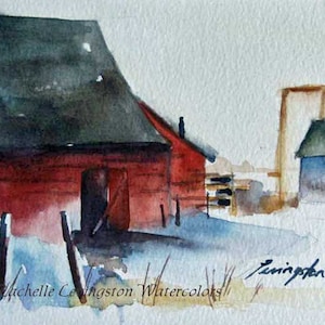 Cabin decor cabin wall art Small painting of barn landscape barn winter painting 5x7 christmas watercolor painting red barn farm art print)