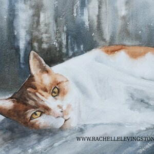 May include: Watercolour painting of a white and orange cat lying down with its head turned to the side. The cat has yellow eyes and a soft, fluffy coat. The background is a blurry watercolour wash of blue and grey.