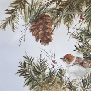 Sparrow Watercolor Art Print: Painting of Winter Bird in Pine Tree