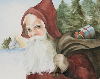 Vintage Santa Watercolor Painting Art Print: Christmas Decor