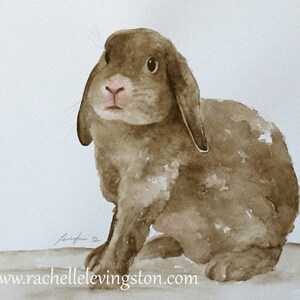 May include: Watercolor painting of a brown rabbit with floppy ears, sitting on a white background. The rabbit has a pink nose and brown eyes.