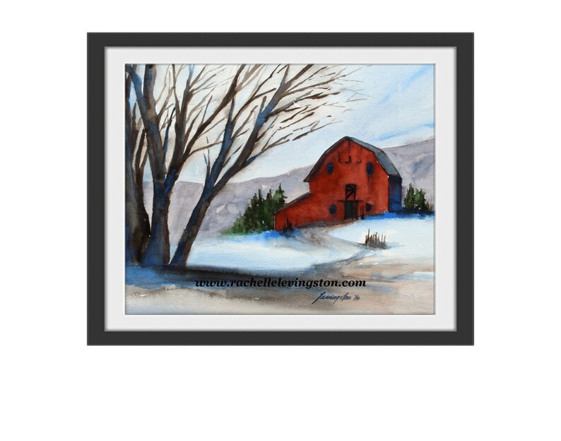Red Barn Watercolor Painting: Winter Landscape Art Print - Etsy